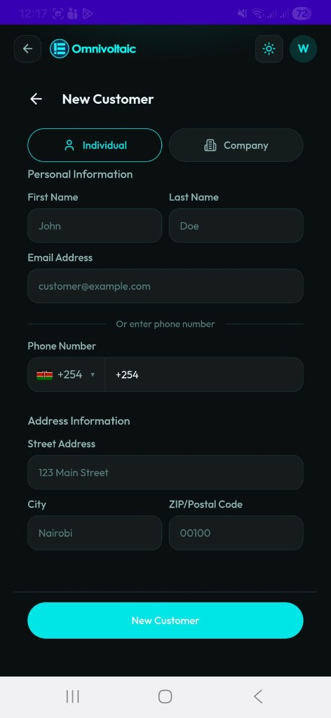 New Customer form