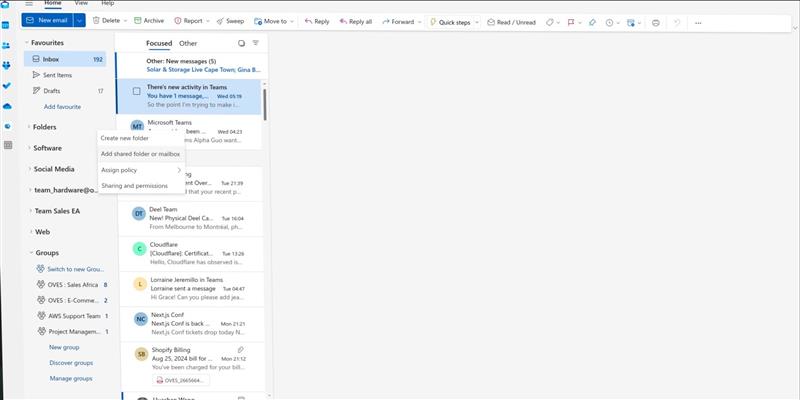 Folders menu showing Add shared folder or mailbox