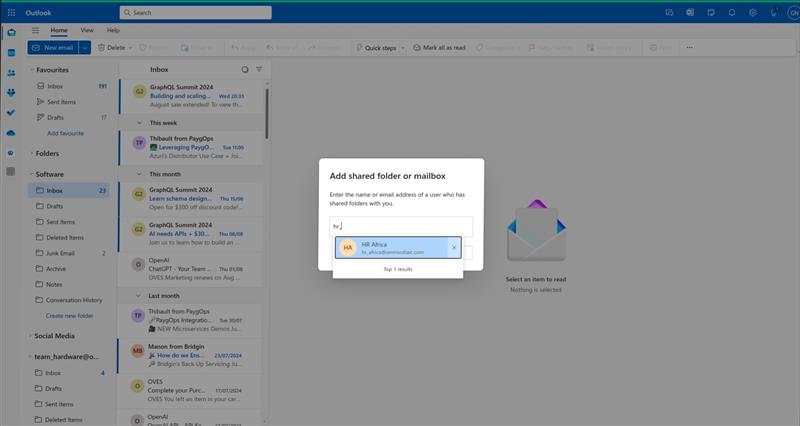 Add shared folder or mailbox dialog with search result